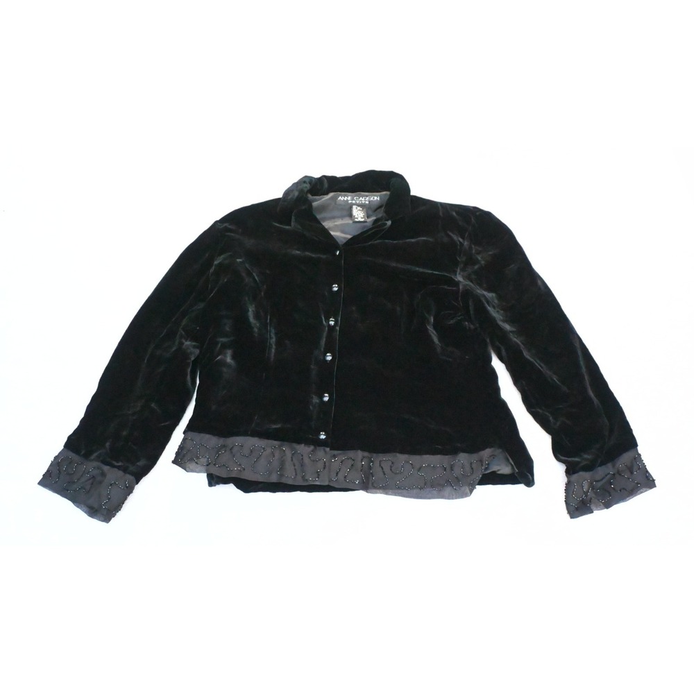 Vintage 90s Anne Carson Womens 14P Black Silk Velvet Jacket Beaded Organza Trim